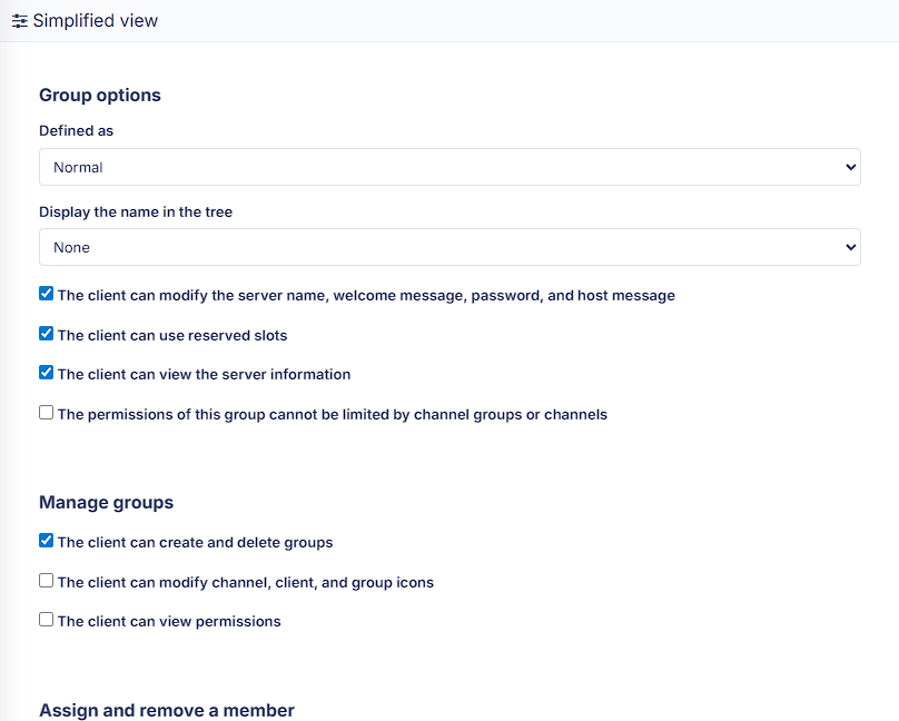 Fine-grained TeamSpeak permission configuration from the BoxToPlay panel