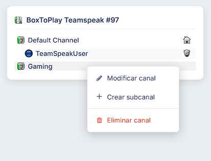 Consola en vivo de TeamSpeak integrada en el panel BoxToPlay para administración directa