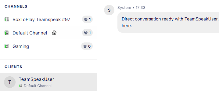 TeamSpeak server live console - channels and connected clients