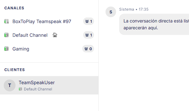 Consola en vivo del servidor TeamSpeak - canales y clientes conectados