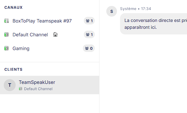 Console live du serveur TeamSpeak - salons et clients connectés